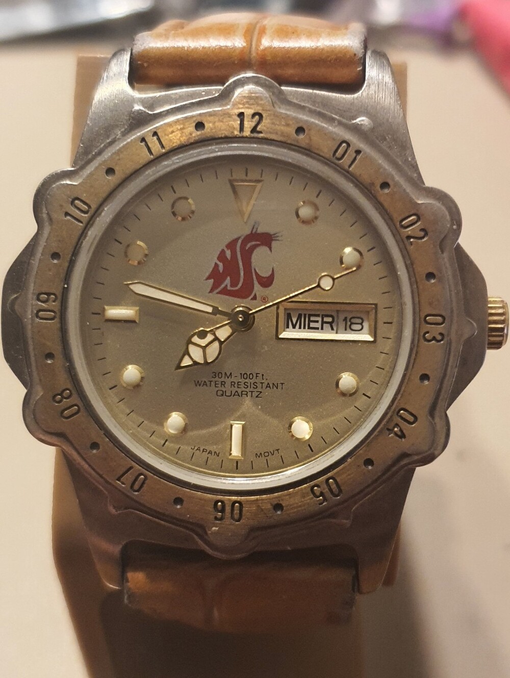 Washington State University Silver/Goldtone Leather Men's Watch w/Day-Date